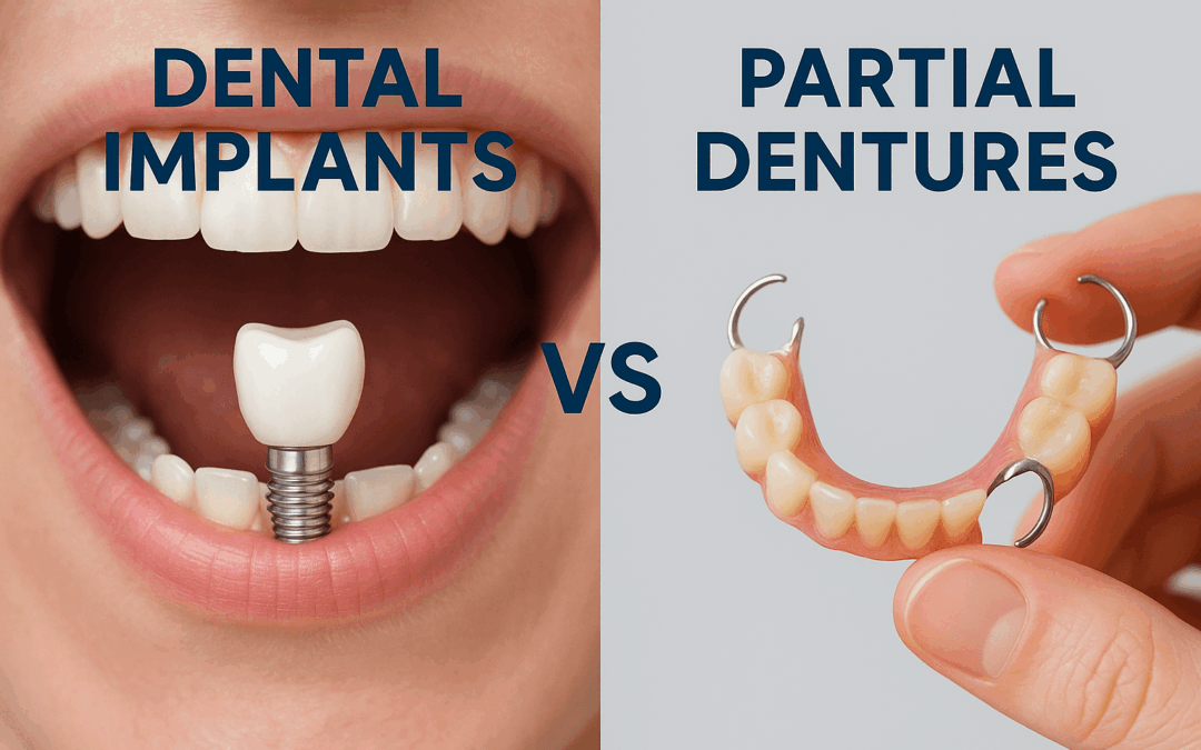 Close-up image comparing a dental implant in the jaw with a hand holding partial dentures, illustrating tooth replacement alternatives.